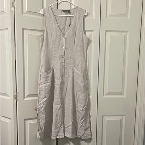 Tahari Women’s 100% Linen Sleeveless Light Gray Dress Midi Pockets.  #0516
